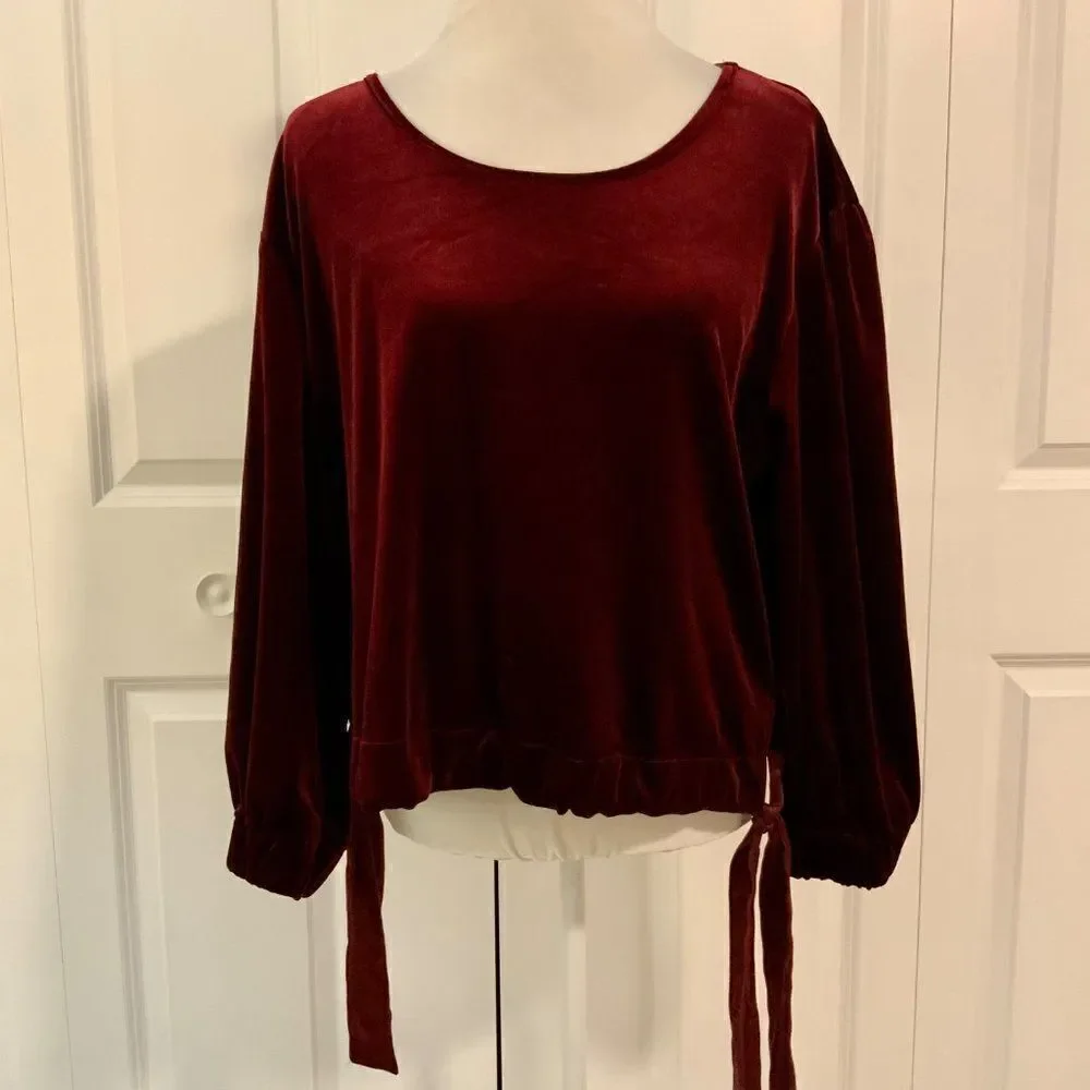 Band of Gypsies Burgundy Purple Velour Tie Hem Long Sleeve Top Medium